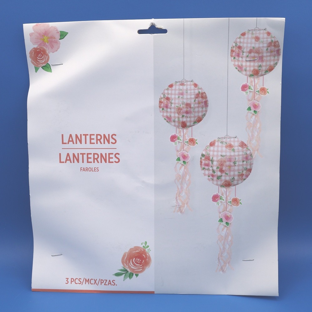 Party Decor Lanterns 3 Pc Pink Gingham Rose Floral Hanging Lanterns